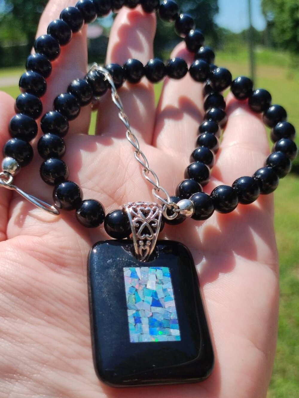 Jay King, DTR black agate necklace and black agate micro opal pendant 925,